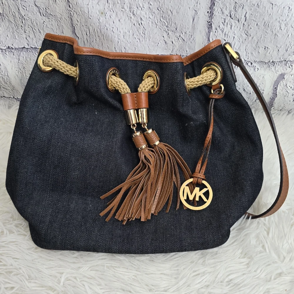 Michael Kors Blue Denim Designer Hobi Handbag With Brown Leather Tassels
